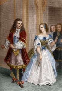 Postavy z Misantropa od Moliere: Alceste, Celimene, Eliante, Philinte, rytina od Delannoye, 1870 od Pierre Gustave Eugene 1817-82 after Staal